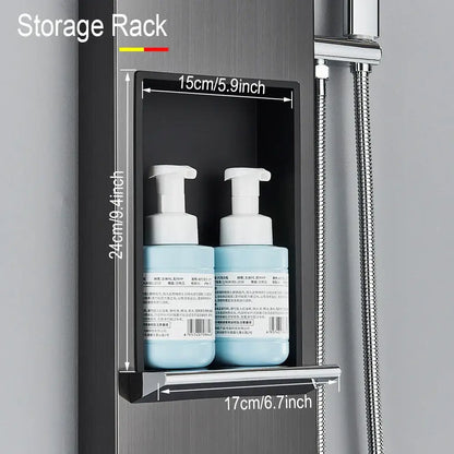 Black metal shower storage rack with two light blue pump bottles in decorbites rainfall shower panel bathroom setup