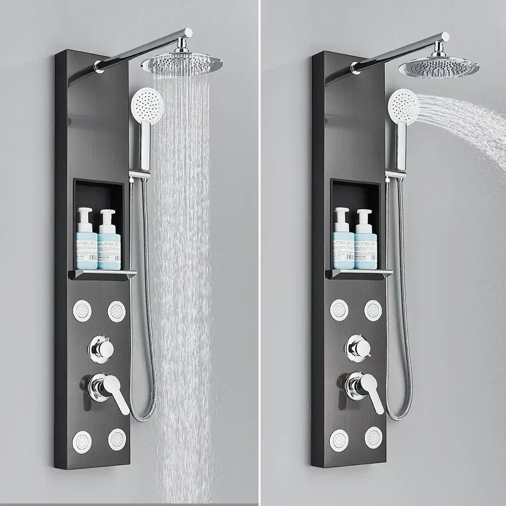 Modern black and chrome shower panel with rainfall shower rainhead handheld sprayer and bathroom storage rack by decorbites