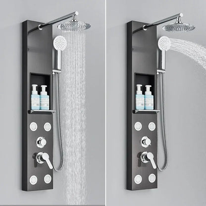 Modern black and chrome shower panel with rainfall shower rainhead handheld sprayer and bathroom storage rack by decorbites