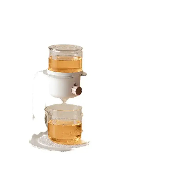 White electric drip tea maker with clear glass reservoirs and copper knob for kung fu tea glass kung infuser use