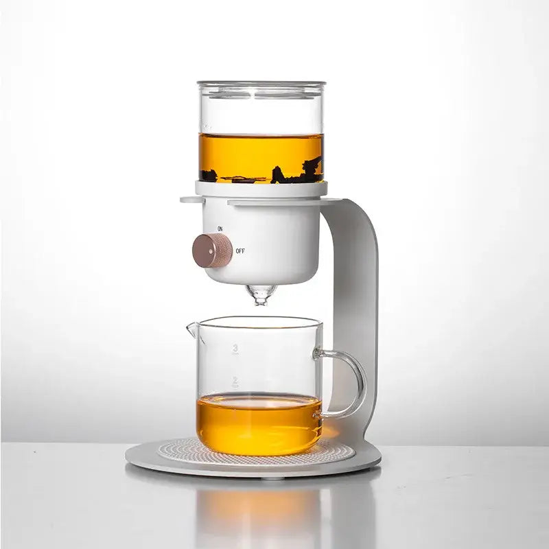 White electric glass kung fu tea pot with clear reservoir handle and rose gold power switch for kitchen infuser use