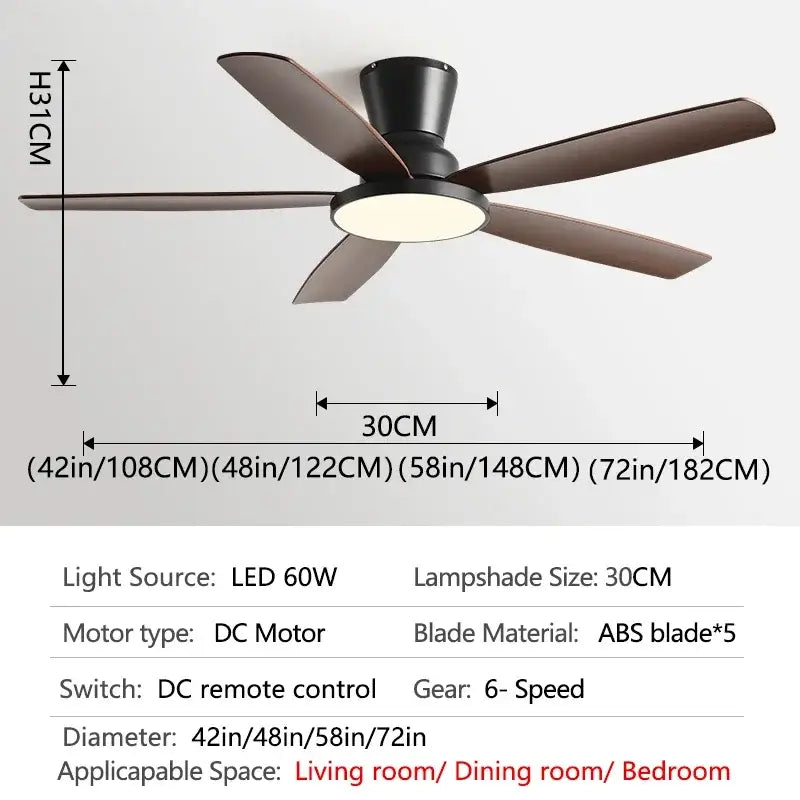 Black ceiling fan with five dark brown abs blades and circular led ceiling fan light with remote control for living room