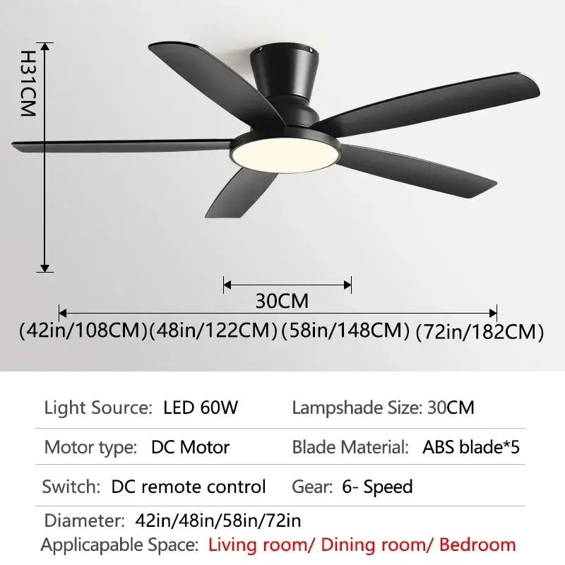 Black and dark wood ceiling fan with five abs blades and circular led ceiling fan light with remote control for living room