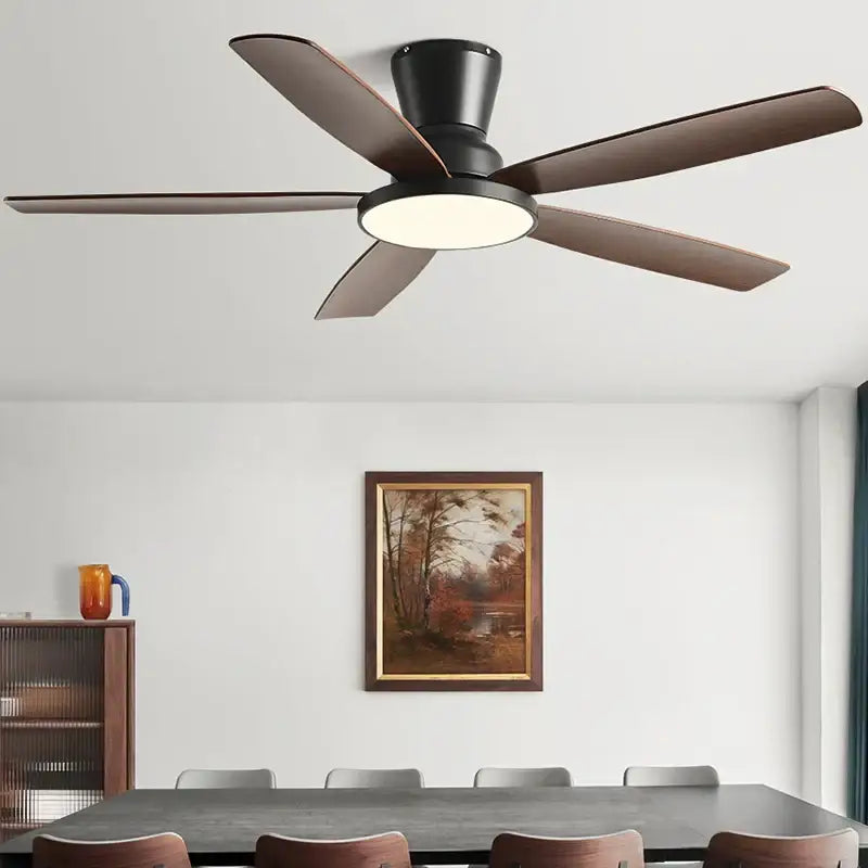Black ceiling fan light with five dark wood blades and remote control for living room use