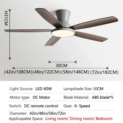 Modern ceiling fan with five dark brown abs blades gray housing integrated led ceiling fan light with remote control for living room