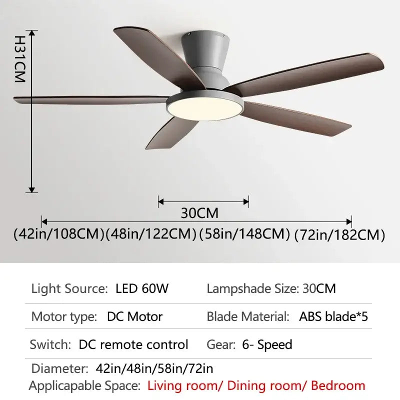Modern ceiling fan with five dark brown abs blades gray housing integrated led ceiling fan light with remote control for living room