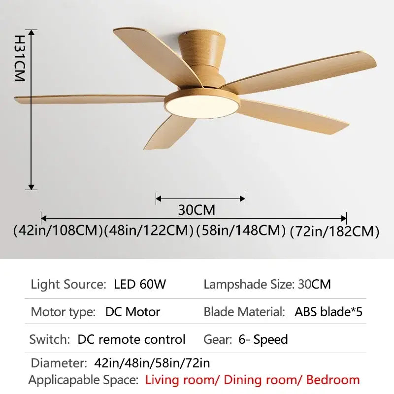 Black and dark wood ceiling fan light with five wooden blades and remote control for living room use