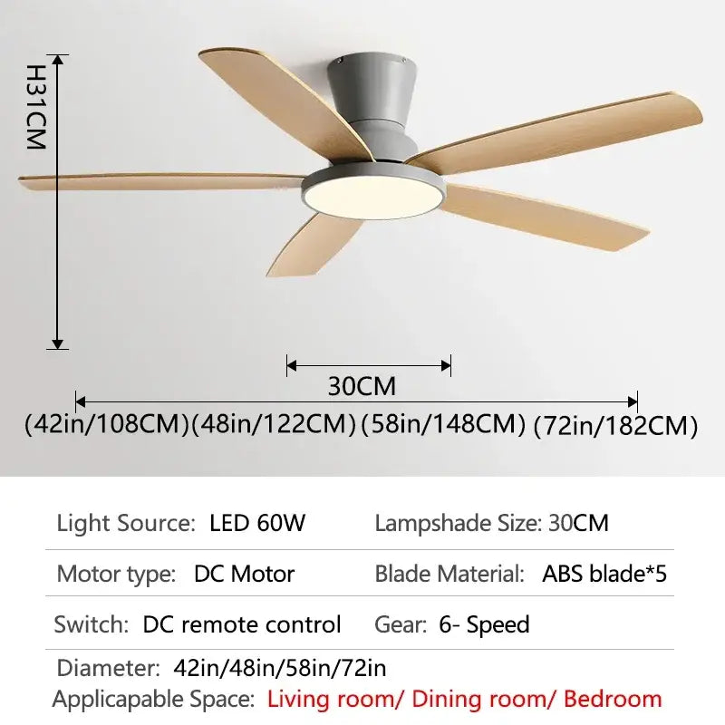 Modern ceiling fan with five light wood blades gray housing integrated led lamp and remote control ceiling fan light for living room