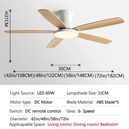 A modern ceiling fan light with five light wood blades white housing and integrated led lamp with remote control