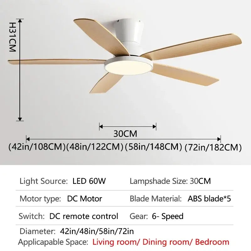 A modern ceiling fan light with five light wood blades white housing and integrated led lamp with remote control