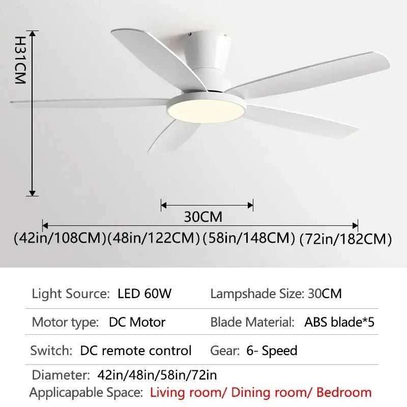 White ceiling fan with five abs blades and circular led ceiling fan light with remote control for living room use