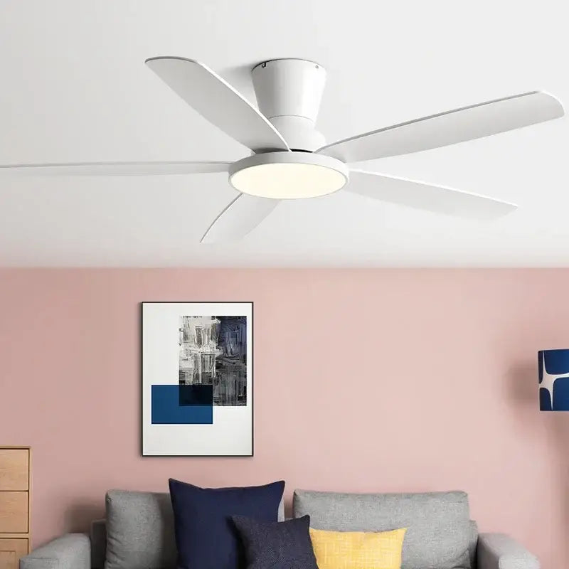 White ceiling fan with five sleek blades and integrated circular ceiling fan light with remote control for living room