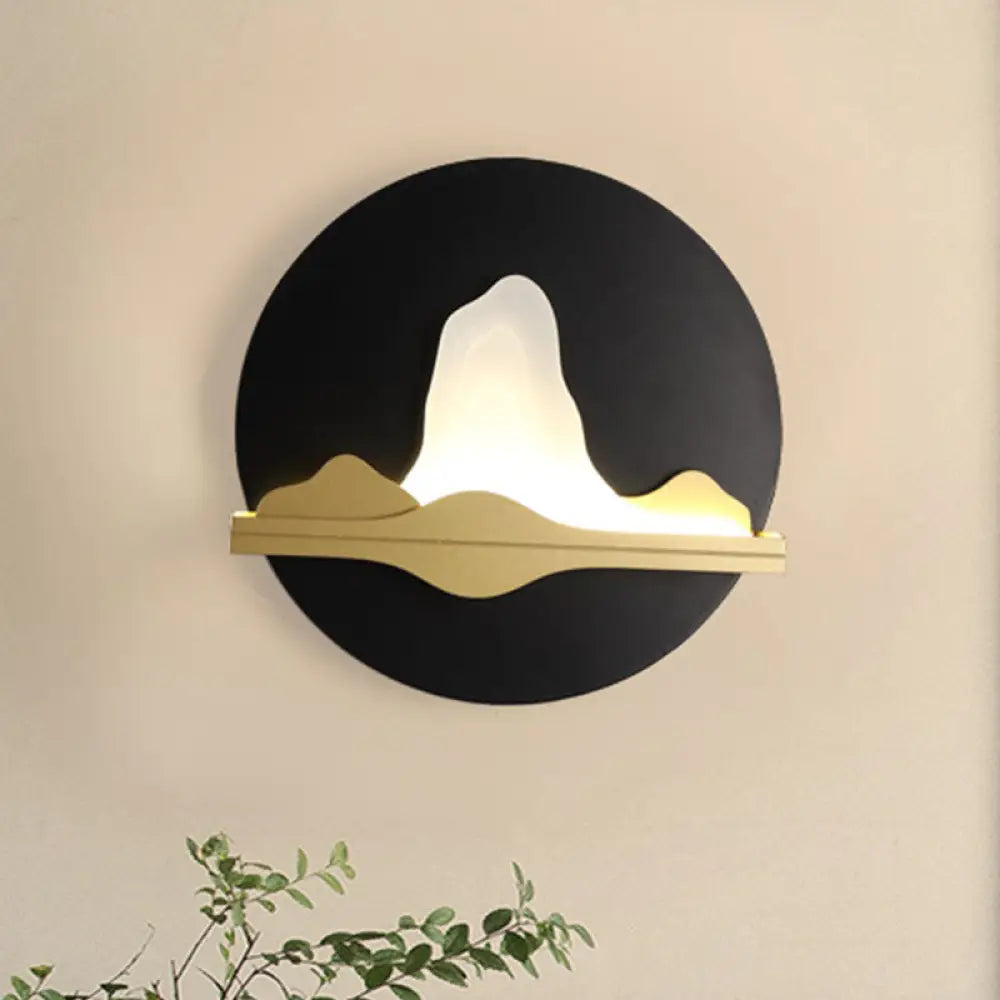 Black and Gold Asian LED Wall Sconce with Mountain and River Mural Light