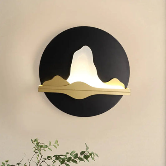 Black and Gold Asian LED Wall Sconce with Mountain and River Mural Light