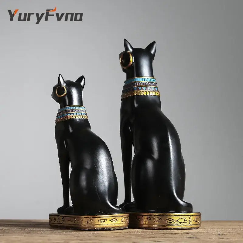 Black and gold bastet cat goddess statue 3 piece set with turquoise inlay resin decorbites bastet cat living room decor