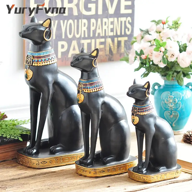 Black and gold bastet cat goddess statue 3 piece set featuring black resin decorbites bastet cat figures with decorative collars