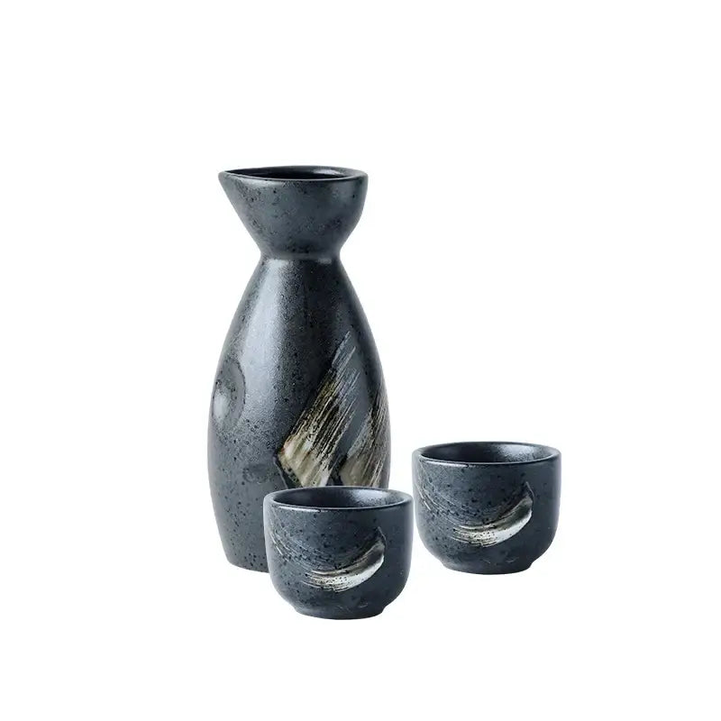 Dark gray ceramic sake liquor dispenser set with subtle metallic brushstroke accents for dining room decorbites ceramic sake