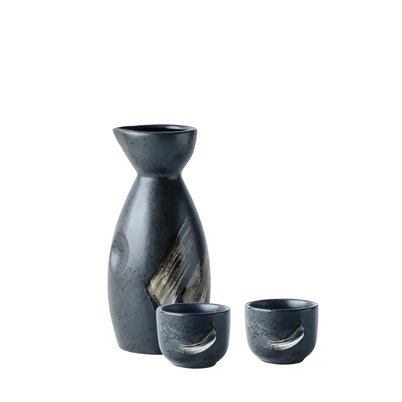Dark gray ceramic sake liquor dispenser set with textured speckled finish and wood grain accents by decorbites ceramic sake