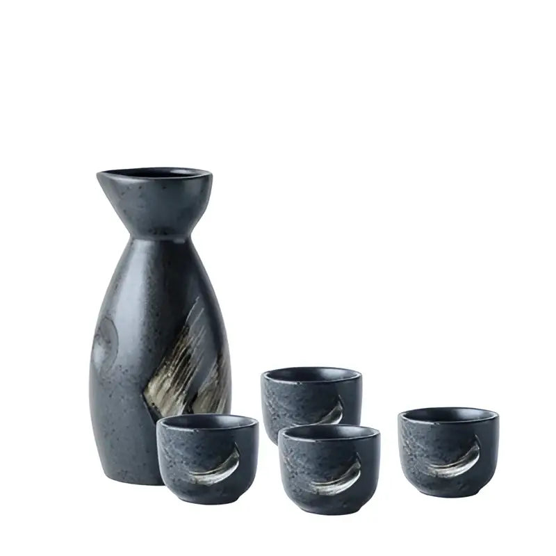 Black ceramic sake liquor dispenser set with textured speckled finish and gold brushstroke decorbites ceramic sake