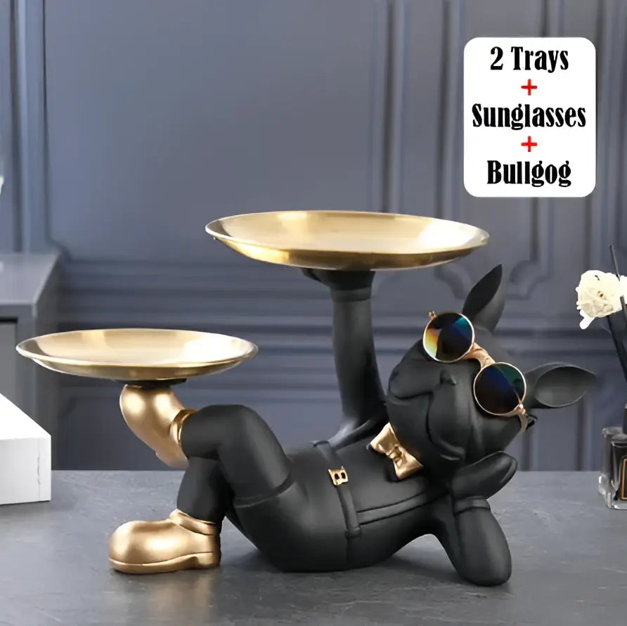 Black and gold decorbites bulldog animal figurine with sunglasses lying down holding two golden trays for living room use