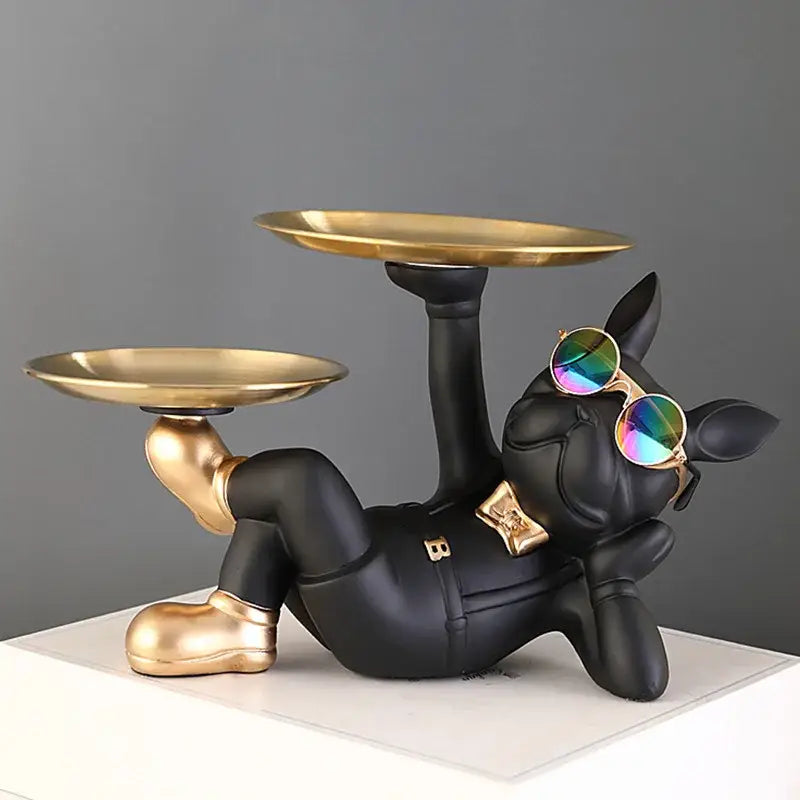 Black and gold bulldog animal figurine by decorbites features a living room butler tray with gold sunglasses and belt