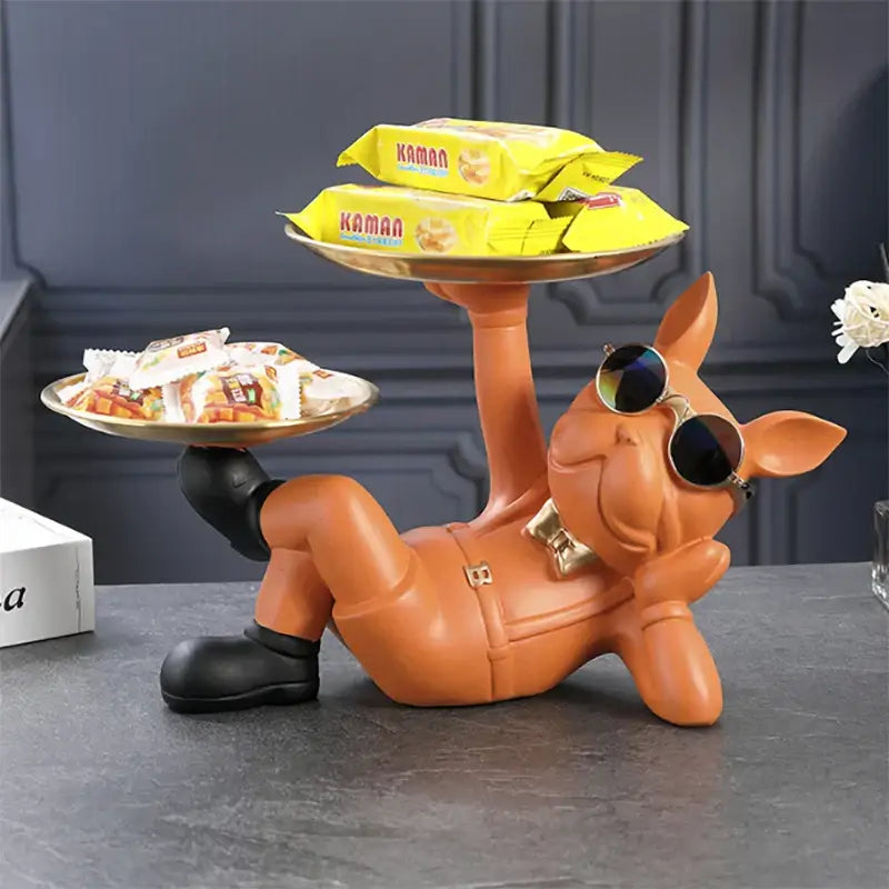 Orange resin decorbites bulldog animal figurine with sunglasses bow tie holding two metallic trays for living room use