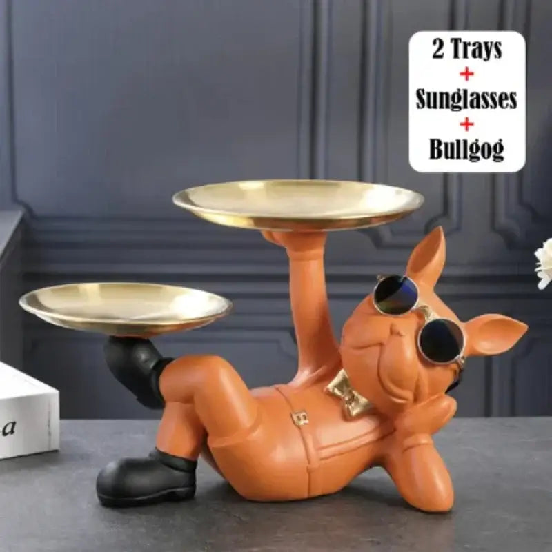 Orange decorbites bulldog animal figurine with sunglasses and bow tie holding two gold trays for living room decor