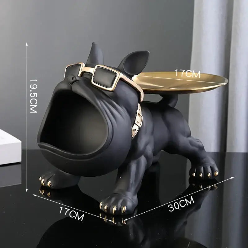 Black resin bulldog figurine with gold-tone sunglasses and metallic storage box tray for living room decorbites bulldog figurine