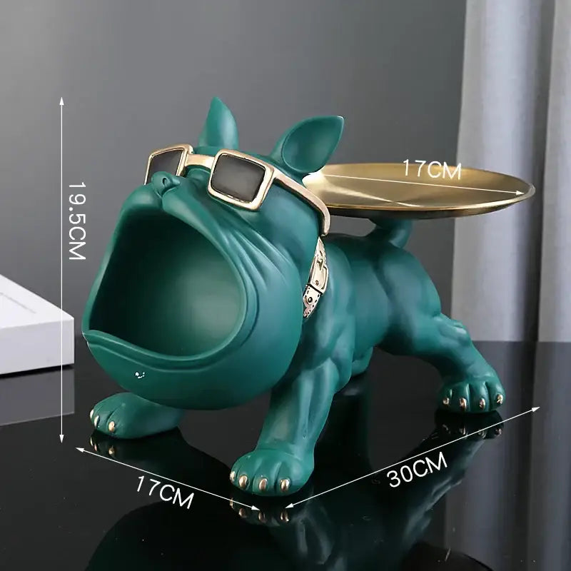 Teal resin bulldog figurine with gold-rimmed sunglasses and storage box tray for decorbites bulldog figurine decor