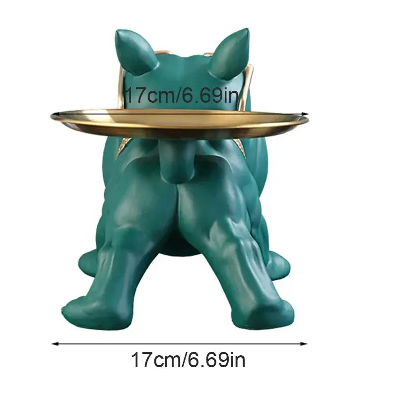 Teal french bulldog-shaped side table with a gold circular tray featuring decorbites bulldog figurine storage box decor