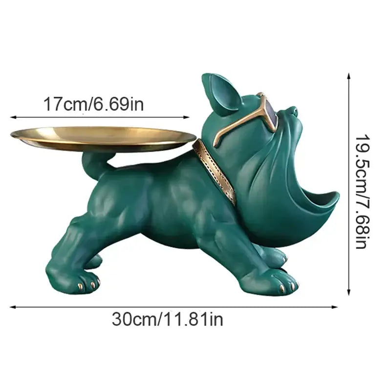 Teal bulldog figurine with gold sunglasses and collar carrying a golden tray for storagBites bulldog figurine decor box