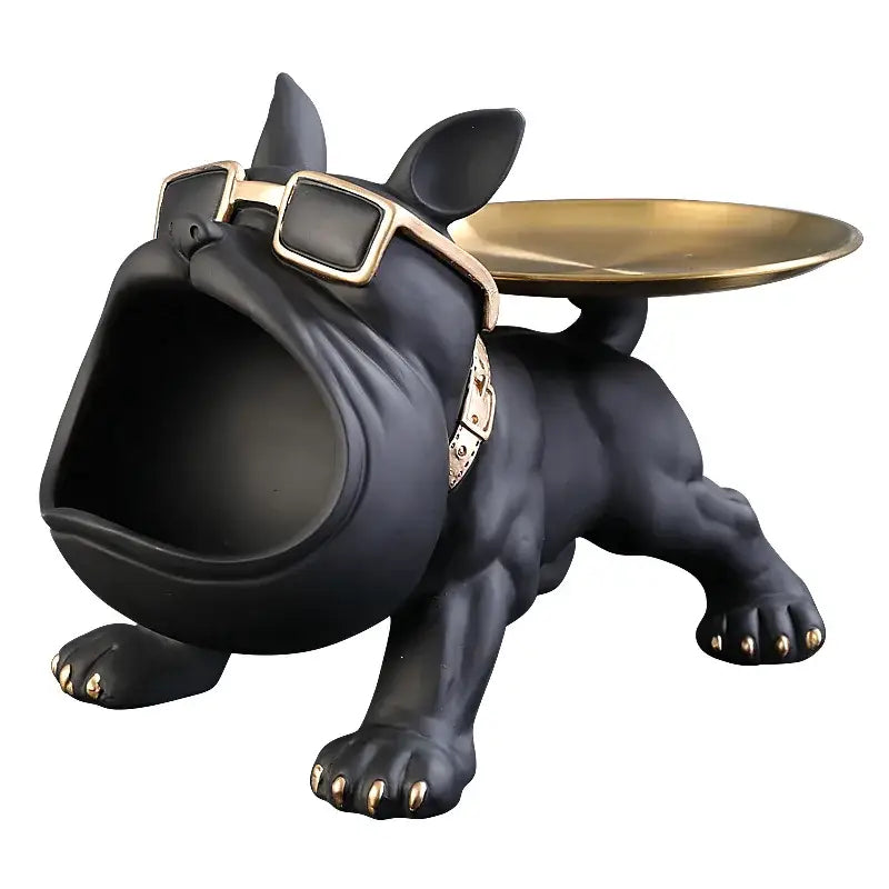 Black and gold bulldog figurine storage box with brass tray and gold-rimmed sunglasses for living room decorbites decor