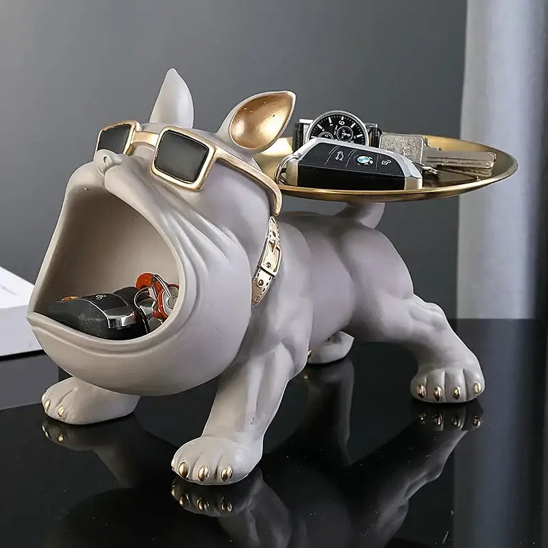 Gray bulldog figurine storage box with gold sunglasses collar holding keys and golden tray for decorbites bulldog figurine