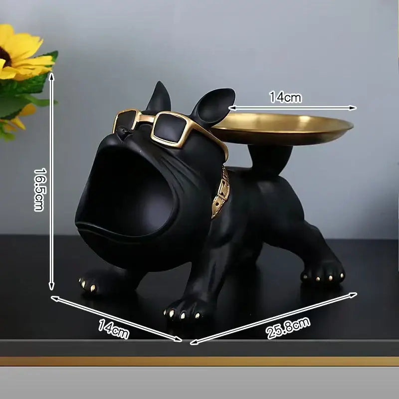 Black and gold french bulldog remote control storage figurine with gold sunglasses collar and tray on its back