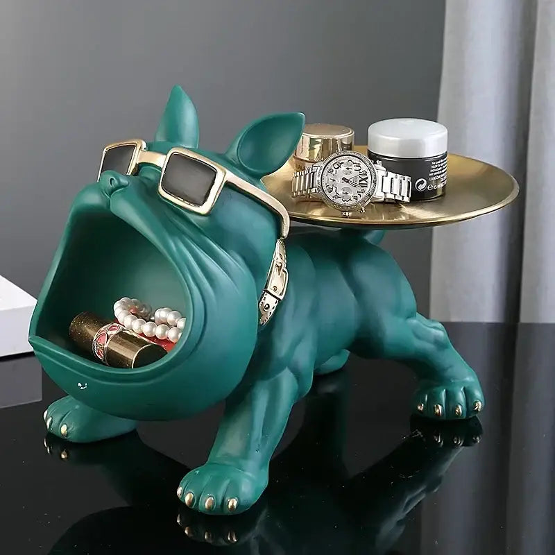 Teal resin bulldog figurine with gold-rimmed sunglasses and metallic plate back for remote control storage tray