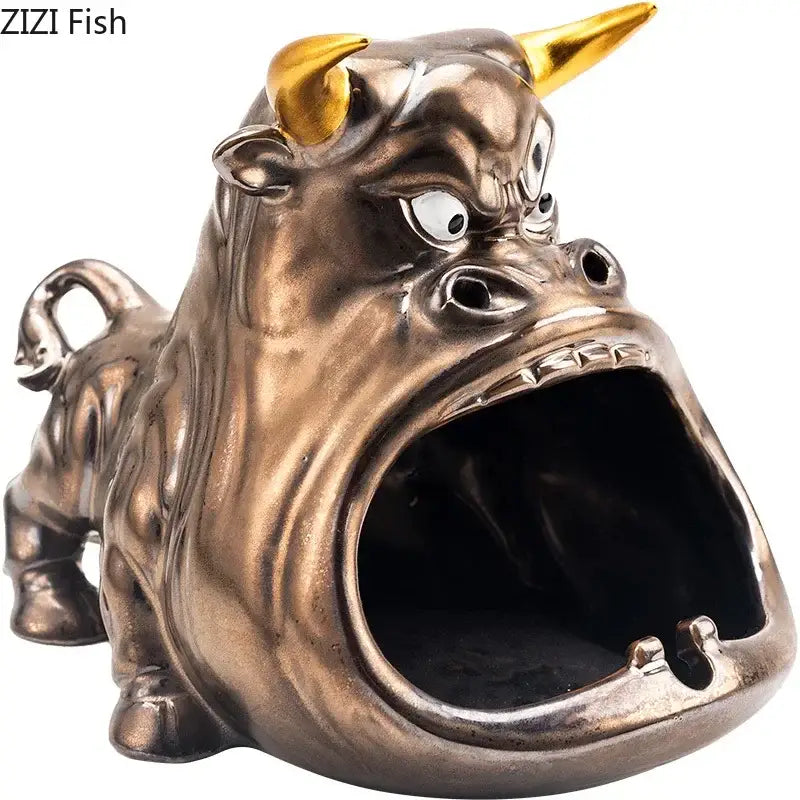 Bronze ceramic ashtray in cartoon cow design with gold horns and expressive eyes decorbites cartoon cow decor
