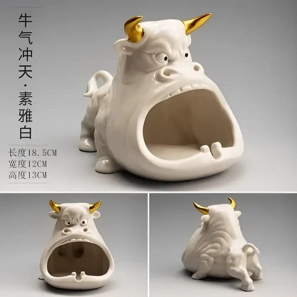 White ceramic bull ashtray with gold horns and detailed face decorbites cartoon cow ceramic for living room decor