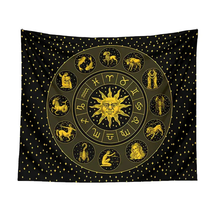 Black and gold constellation zodiac tapestry with sun design for bedroom wall decor featuring zodiac symbols