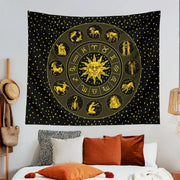 Black and gold constellation zodiac tapestry with sun and twelve astrological signs for bedroom wall decor