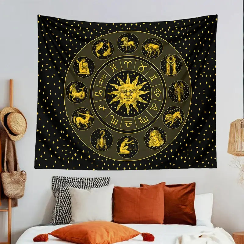 Black and gold constellation zodiac tapestry with sun and twelve astrological signs for bedroom wall decor
