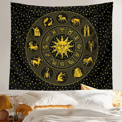Black and gold constellation zodiac tapestry with sun and twelve astrological signs for bedroom wall decor
