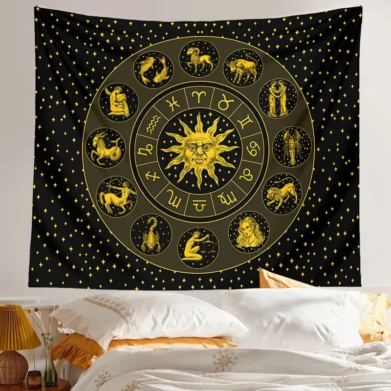 Black and gold constellation zodiac tapestry with sun and twelve astrological signs for bedroom wall decor