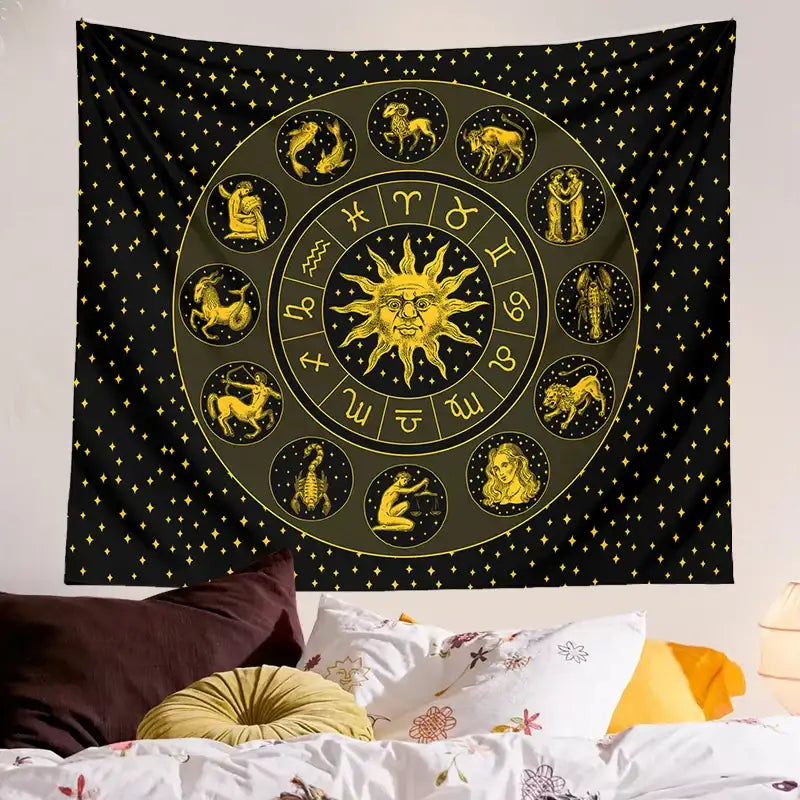 Black and gold constellation zodiac tapestry with sun design for bedroom wall decor featuring zodiac symbols