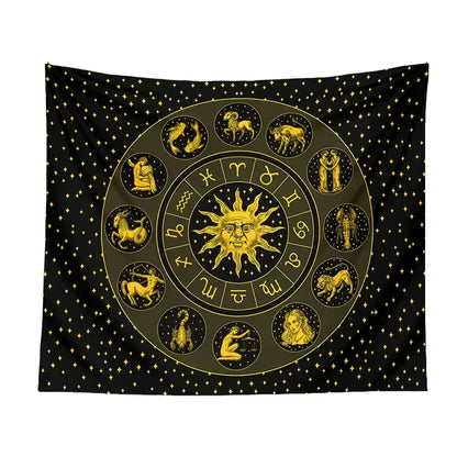 Black and gold constellation zodiac tapestry featuring sun design for bedroom wall decor with zodiac symbols