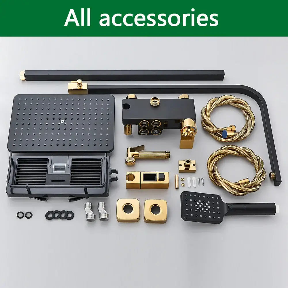 Black and gold decorbites brass lcd thermostatic shower set with matte black rainhead and flexible braided hoses