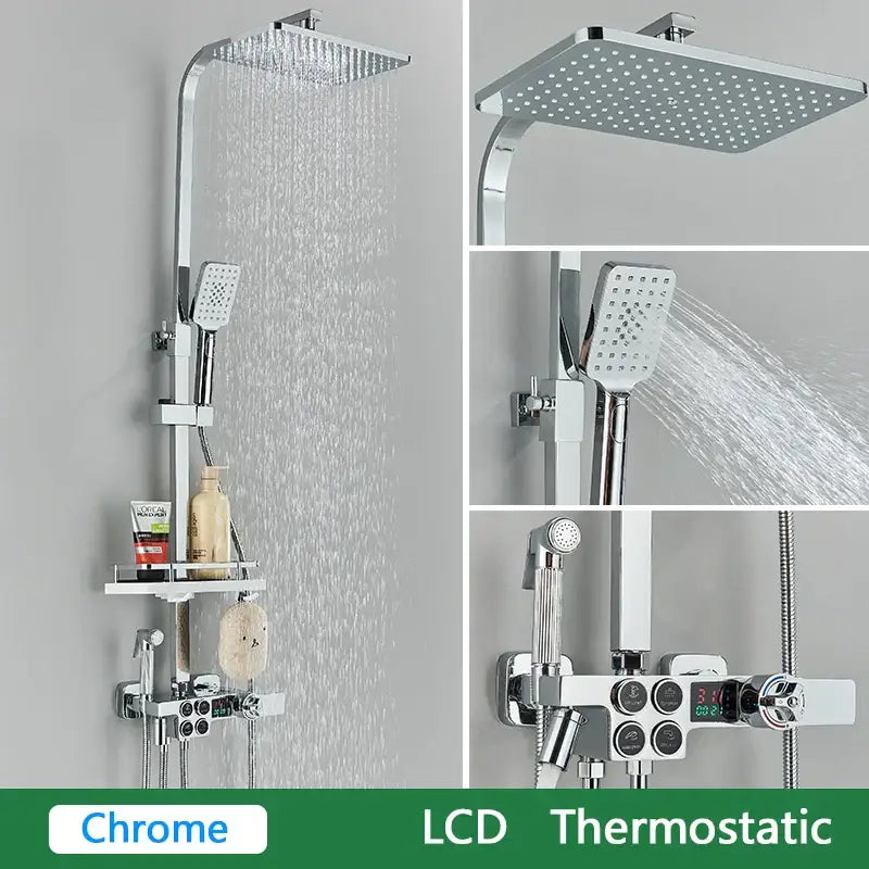 Chrome finished shower set with square rainhead handheld spray and decorbites brass lcd thermostatic control panel
