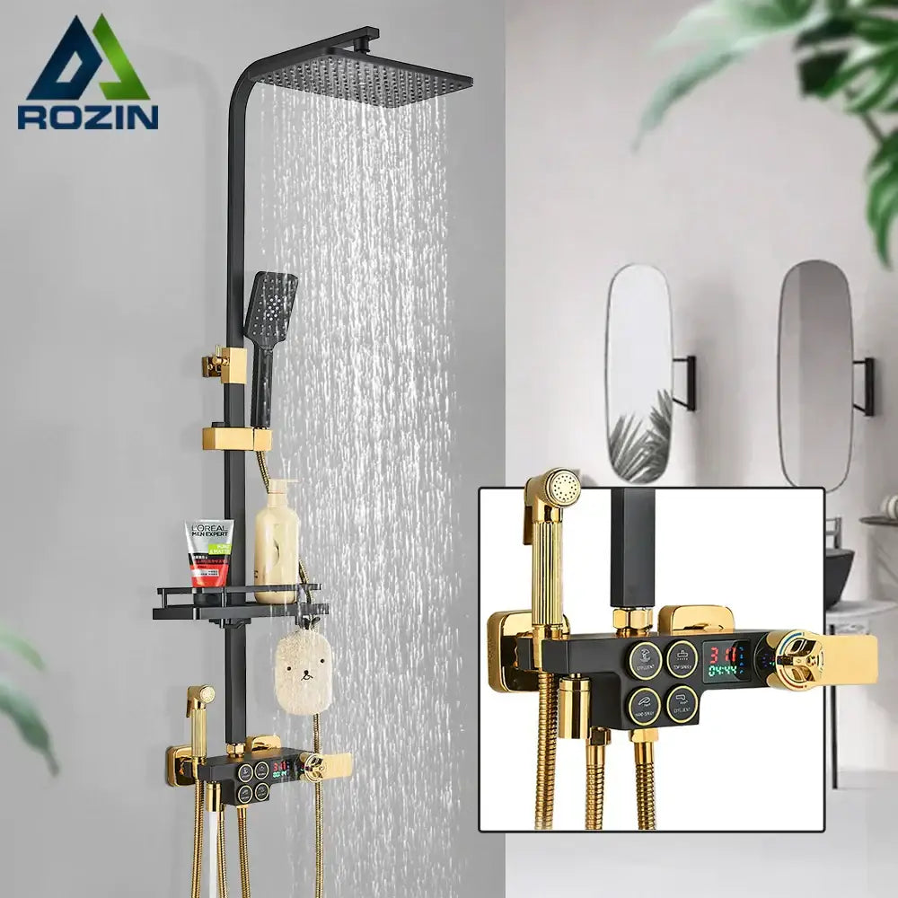 Black and gold decorbites brass lcd thermostatic shower set with rain shower system and digital temperature display