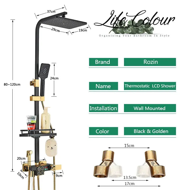 Black and gold decorbites brass lcd thermostatic shower set with square rainhead handheld spray and integrated shelf