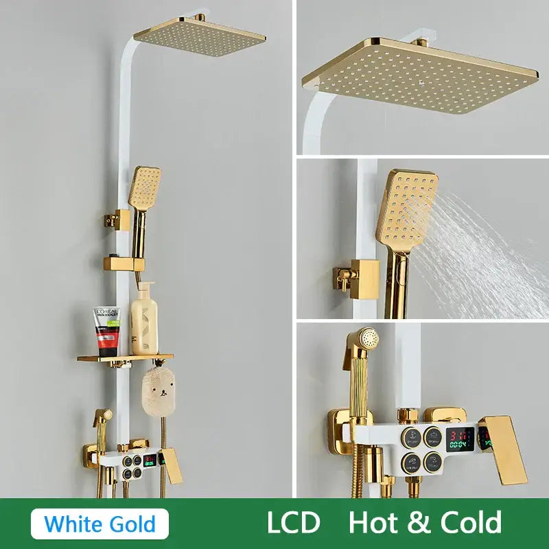 White gold shower set with square rainhead handheld showerhead and brass lcd thermostatic control panel decorbites brass lcd