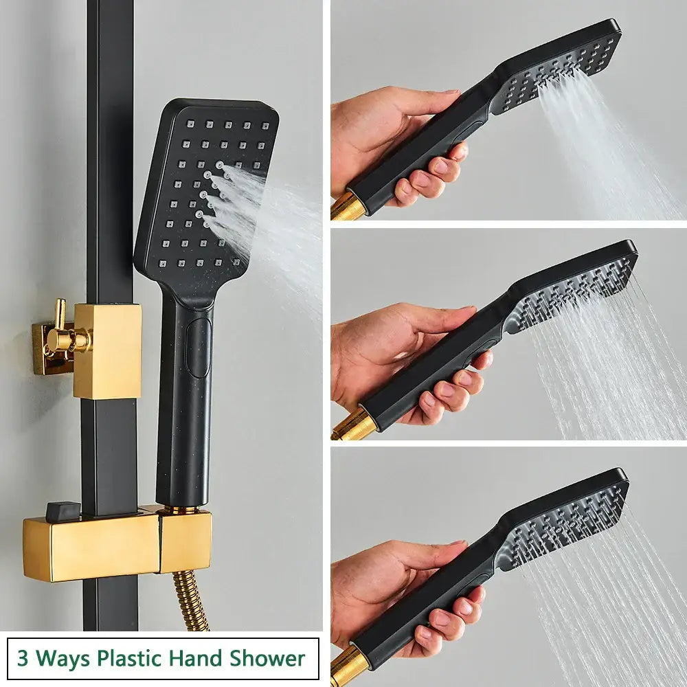 Black handheld showerhead with gold accents and three spray patterns in decorbites brass lcd thermostatic shower set